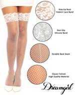 Women's White Fishnet Thigh High Stockings with Lace Top