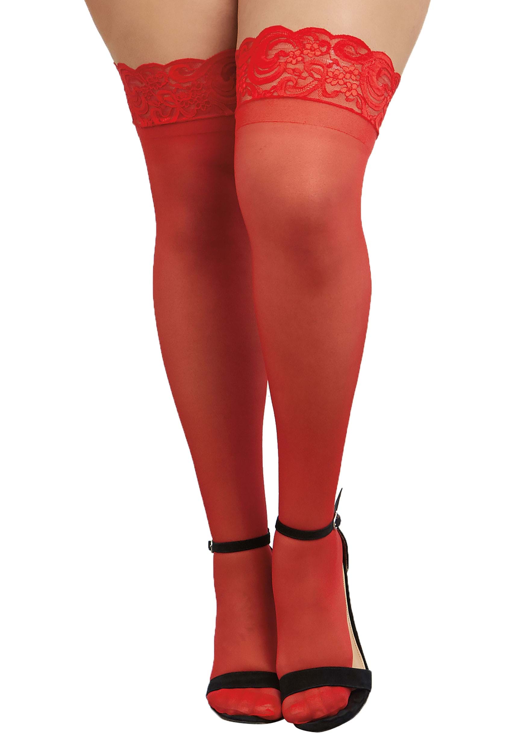 Women's Plus Size Red Sheer Thigh High Stockings with Scalloped Lace Top
