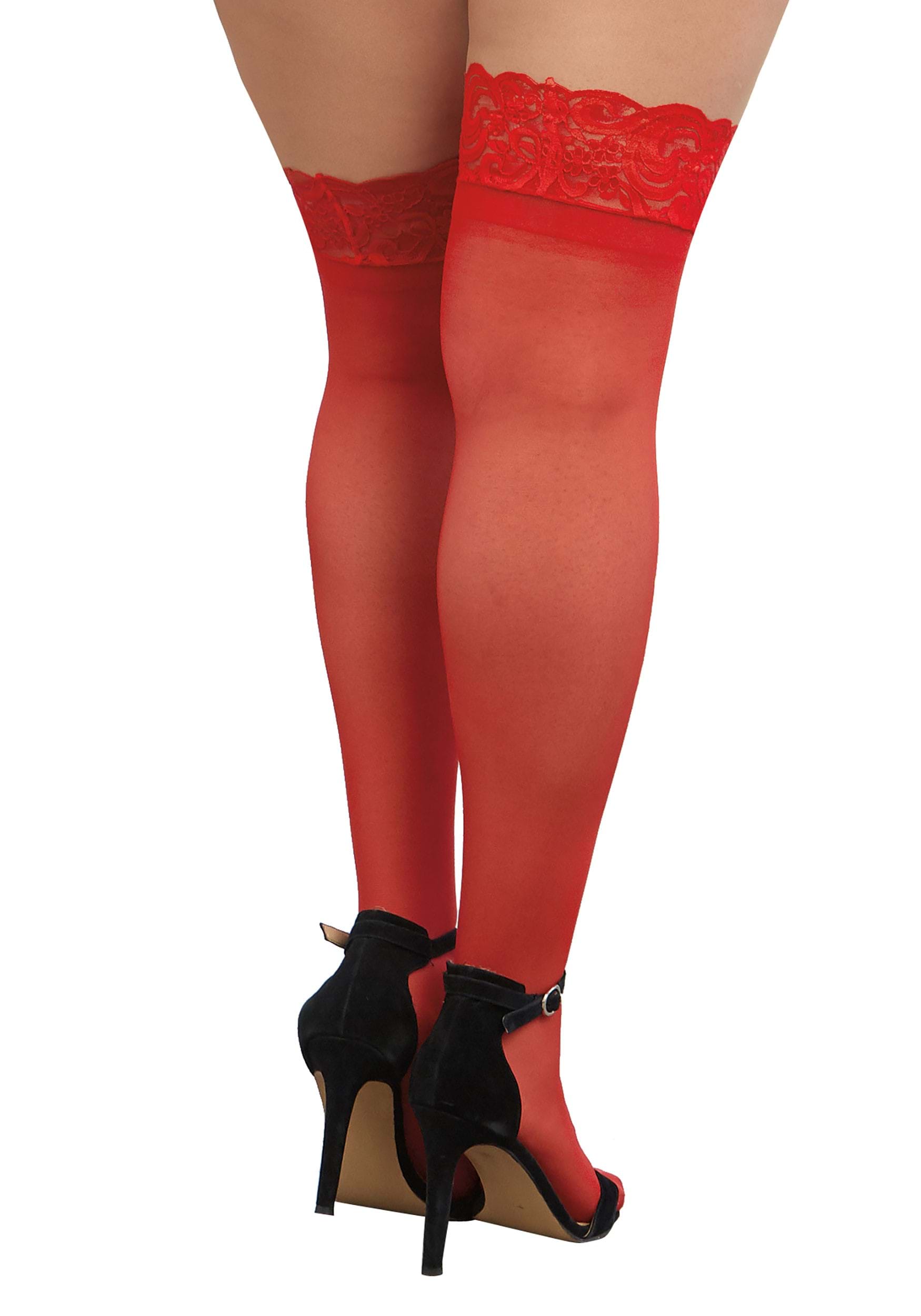 Women's Plus Size Red Sheer Thigh High Stockings With Scalloped Lace Top , Costume Tights