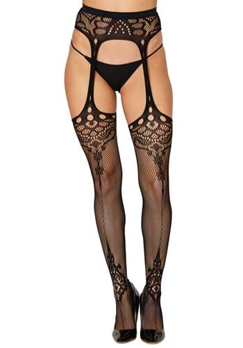 Womens Ornate Pattern Fishnet Thigh Highs