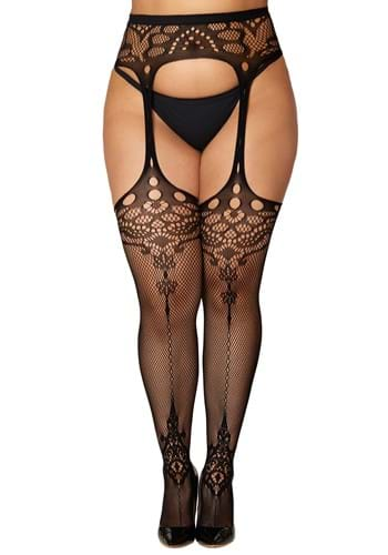 Womens Plus Size Ornate Pattern Fishnet Thigh High