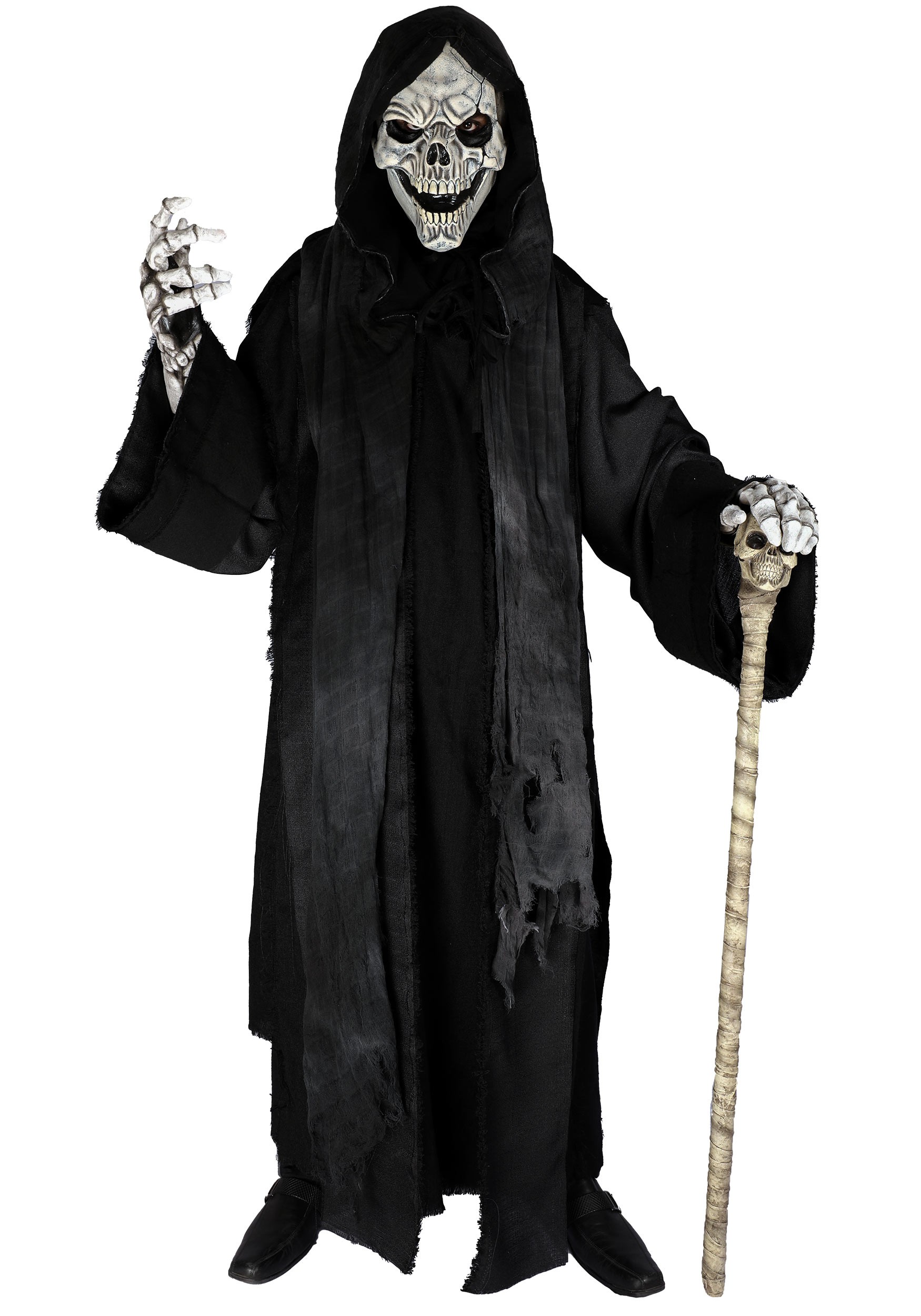 Adult Dark Reaper Costume Coat with Skull Mask and Skeleton Gloves | Grim Reaper Costumes