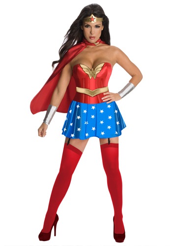 Officially Licensed Wonder Woman costume with Corset Skirt Belt Cape Headband Pair of Gauntlets Pair of Clear Shoulder Straps 4 Garter Straps
