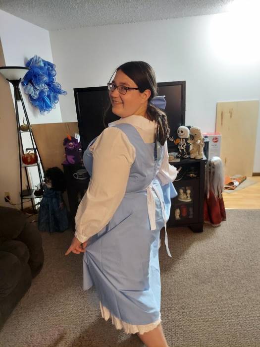 thumbnail interactive-video image 1 of Adult Beauty And The Beast Belle Blue Maid Dress Cosplay Costume Halloween Party 1 of 10